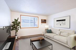 Fargo apartment for rent - A living room with a couch, coffee table, and a plant. Fargo, ND Candlelight Apartments