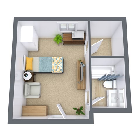 Floor plan for studio, 1 bath, 263 sqft