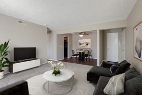 Omaha apartment for rent - A living room with a television, couches, and a coffee table. Omaha, NE Evergreen Terrace Apartments