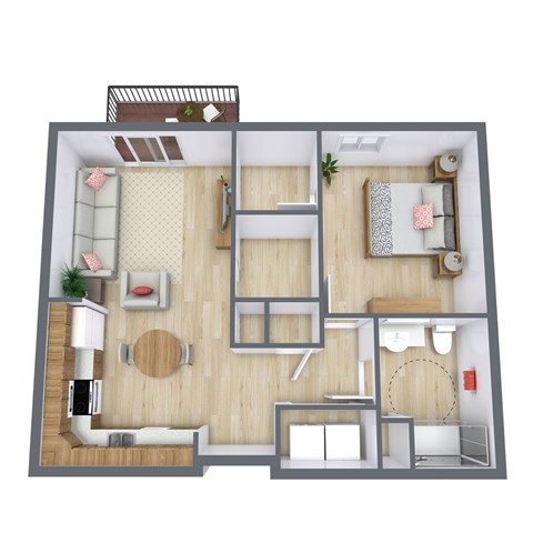 Floor plan for 1 bed, 1 bath, 749 sqft