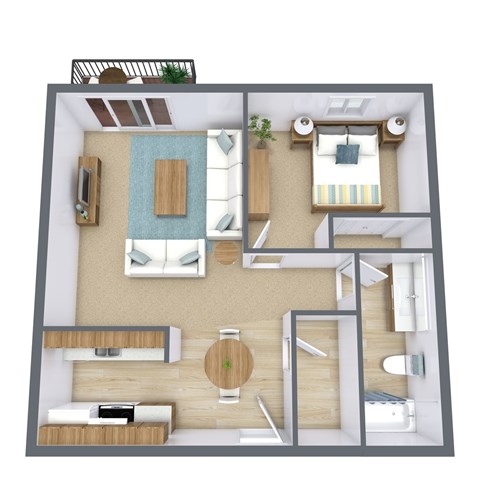 Floor plan for 1 bed, 1 bath, 702 sqft
