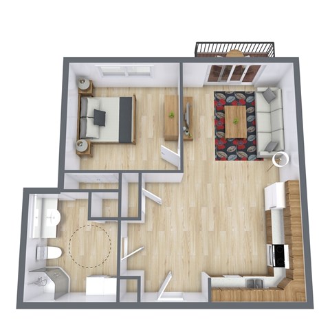 Floor plan for 1 bed, 1 bath, 678 sqft