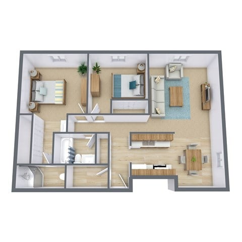 Floor plan for 2 beds, 1.8 baths, 864 sqft
