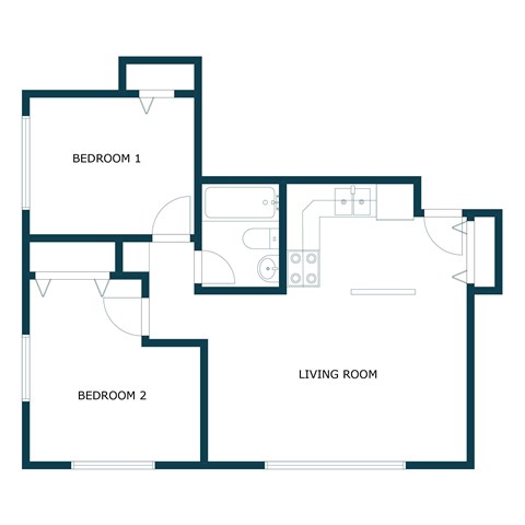 Floor plan for 2 beds, 1 bath, 800 sqft