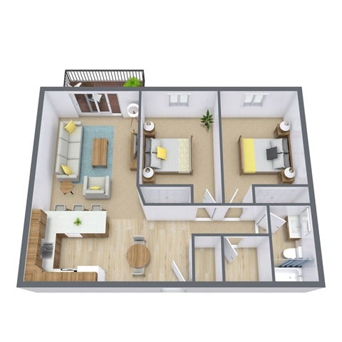 Floor plan for 2 beds, 1 bath, 835 sqft