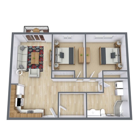 Floor plan for 2 beds, 1 bath, 890 sqft