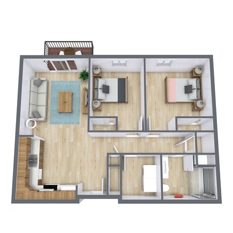 Floor plan for 2 beds, 1 bath, 864 sqft