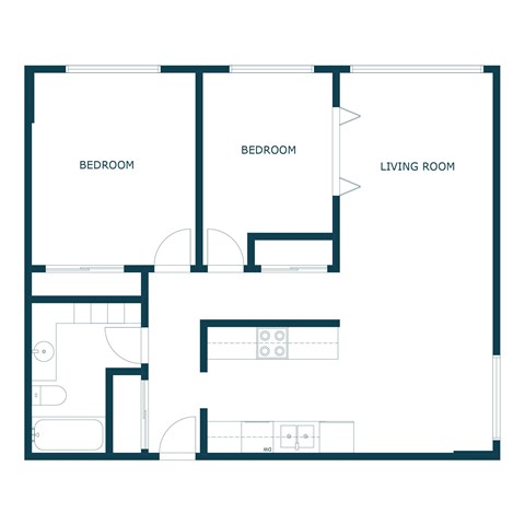 Floor plan for 2 beds, 1 bath, 950 sqft