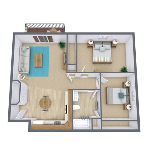 Floor plan for 2 beds, 1 bath, 950 sqft