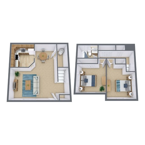 Floor plan for 2 beds, 1 bath, 950 sqft