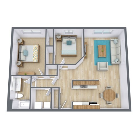 Floor plan for 2 beds, 1 bath, 840 sqft