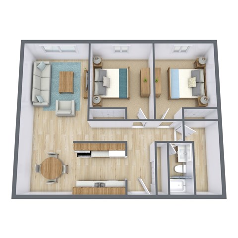 Floor plan for 2 beds, 1 bath, 871 sqft