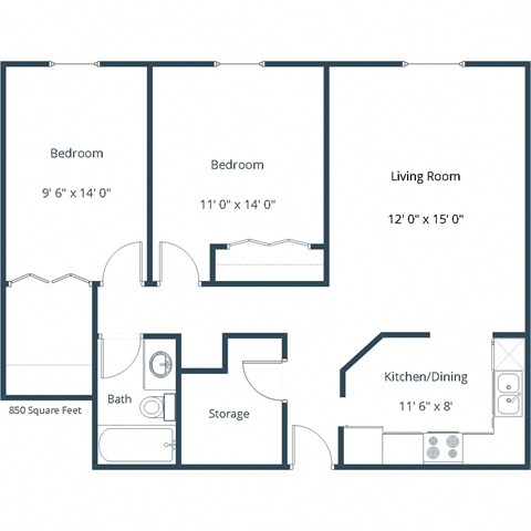 Floor plan for 2 beds, 1 bath, 850 sqft