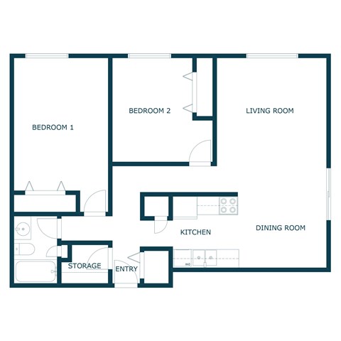 Floor plan for 2 beds, 1 bath, 875 sqft