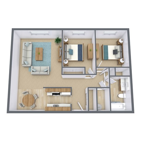 Floor plan for 2 beds, 1 bath, 900 sqft