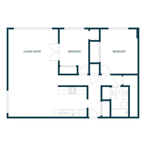 Floor plan for 2 beds, 1 bath, 950 sqft