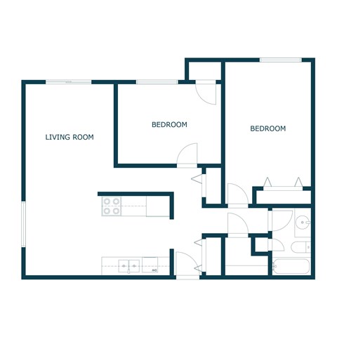 Floor plan for 2 beds, 1 bath, 850 sqft