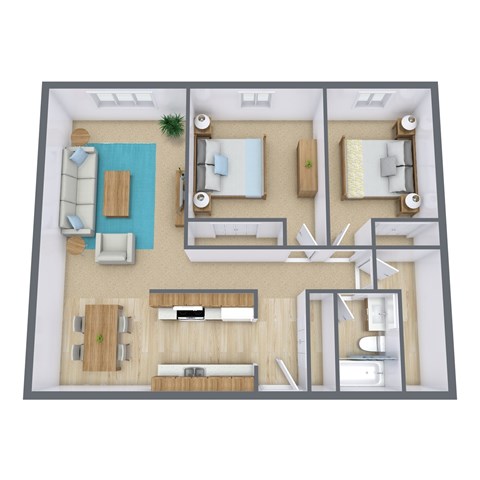 Floor plan for 2 beds, 1 bath, 871 sqft