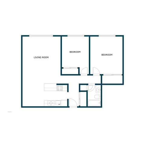 Floor plan for 2 beds, 1 bath, 950 sqft