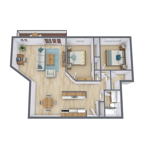 Floor plan for 2 beds, 1 bath, 965 sqft