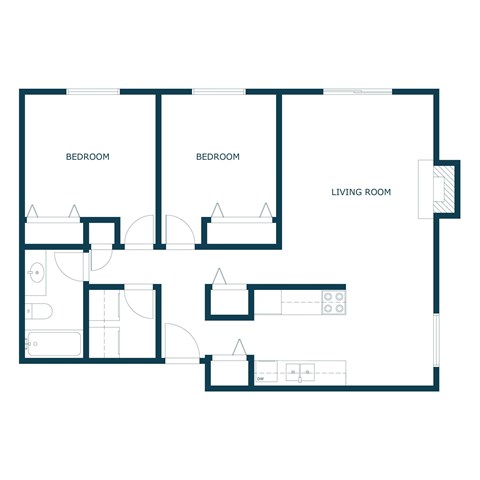 Floor plan for 2 beds, 1 bath, 935 sqft
