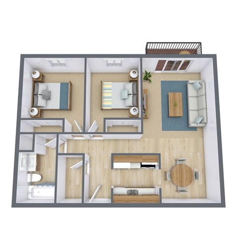 Floor plan for 2 beds, 1 bath, 770 sqft