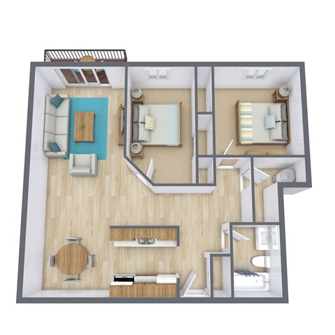 Floor plan for 2 beds, 1 bath, 985 sqft