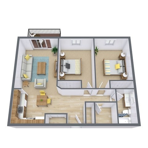 Floor plan for 2 beds, 1 bath, 912 sqft