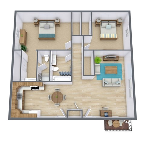 Floor plan for 2 beds, 2 baths, 1028 sqft