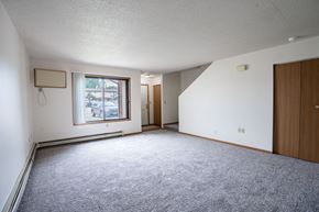 Fargo townhouse for rent - A room with a grey carpet and a window with a view of trees and buildings outside. Fargo, ND Hazelwood Townhomes