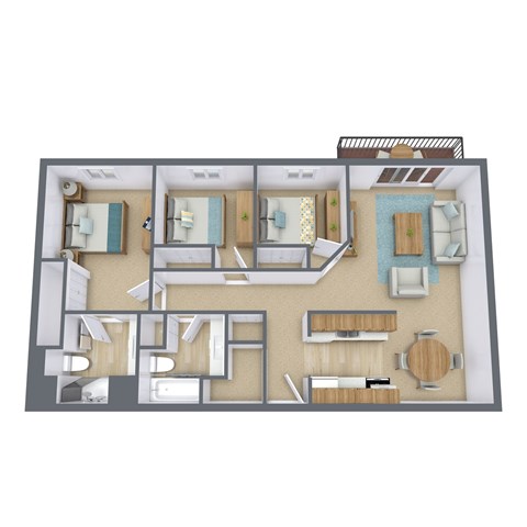 Floor plan for 3 beds, 2 baths, 1045 sqft