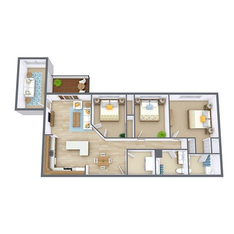 Floor plan for 3 beds, 2 baths, 1281 sqft