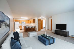 Fargo apartment for rent - A modern living room with a white couch and a blue coffee table. Fargo, ND Crown Court Apartments
