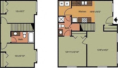 Floor plan for 3 beds, 2 baths, 1170 sqft