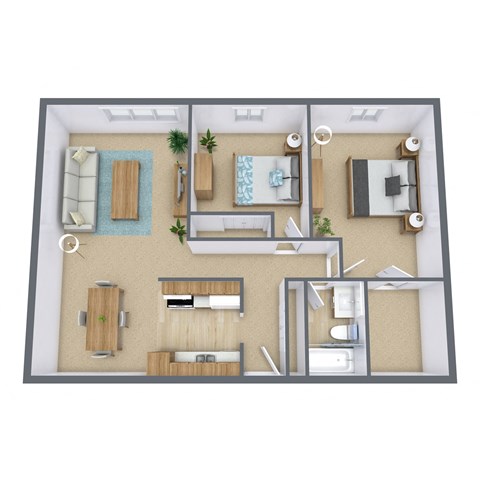 Floor plan for 2 beds, 1 bath, 805 sqft