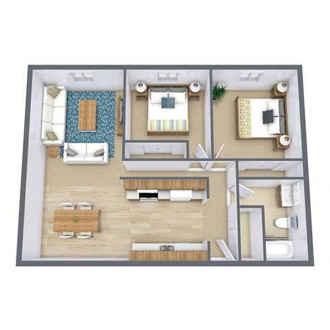 Floor plan for 2 beds, 1 bath, 900 sqft