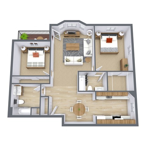 Floor plan for 2 beds, 2 baths, 975 sqft
