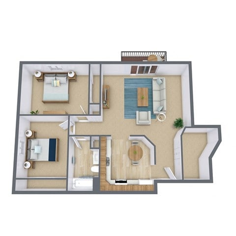 Floor plan for 2 beds, 1 bath, 925 sqft
