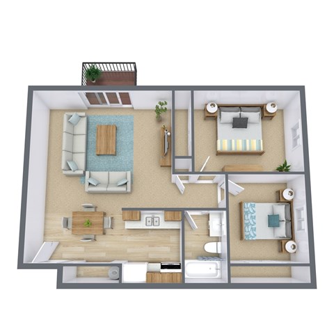 Floor plan for 2 beds, 1 bath, 774 sqft