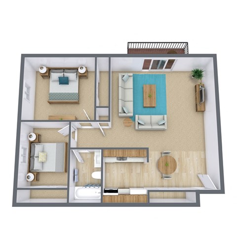Floor plan for 2 beds, 1 bath, 934 sqft