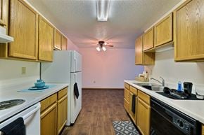 Fargo apartment for rent - a kitchen with white appliances and wood cabinets. Fargo, ND Chestnut Ridge Apartment