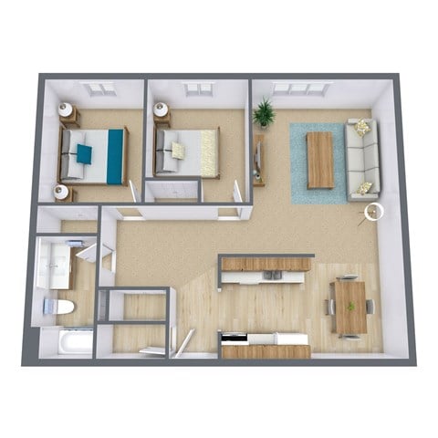 Floor plan for 2 beds, 1 bath, 895 sqft
