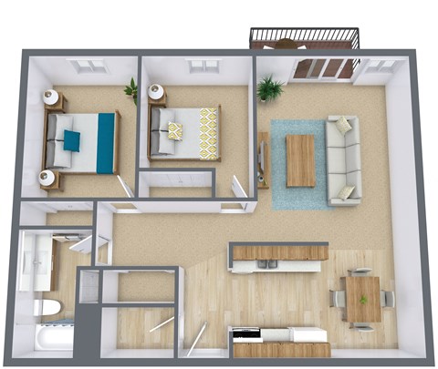 Floor plan for 2 beds, 1 bath, 946 sqft