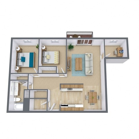 Floor plan for 2 beds, 1 bath, 959 sqft