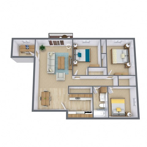 Floor plan for 3 beds, 1 bath, 1044 sqft