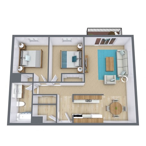 Floor plan for 2 beds, 1 bath, 895 sqft