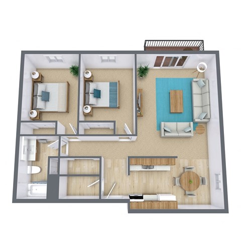 Floor plan for 2 beds, 1 bath, 895 sqft