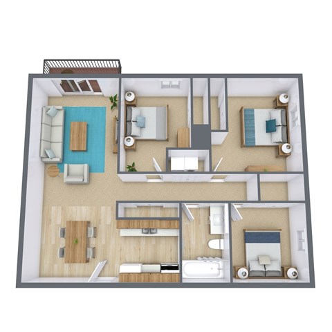 Floor plan for 3 beds, 1 bath, 1044 sqft