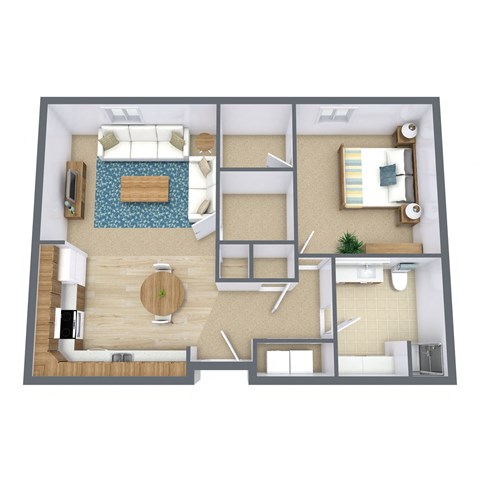 Floor plan for 1 bed, 0.8 baths, 749 sqft