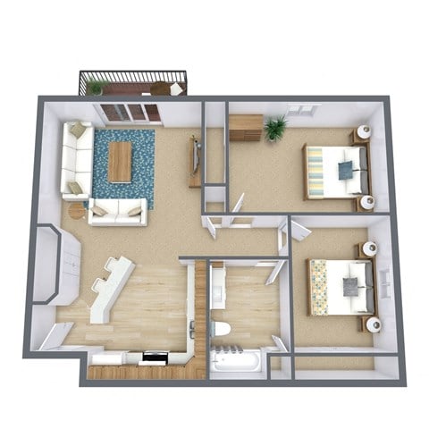 Floor plan for 2 beds, 1 bath, 970 sqft